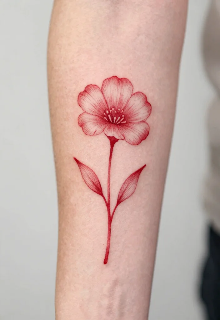 15 Red Ink Flower Tattoo Ideas That Pop Boldly - 9. Single Stem Flower 1