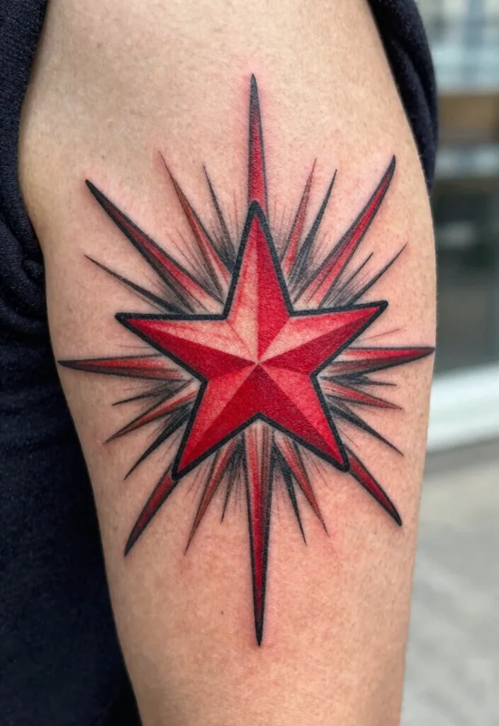 15 Red Star Tattoo Ideas That Stand Out Boldly - 13. Radiating Red Star Tattoos 1