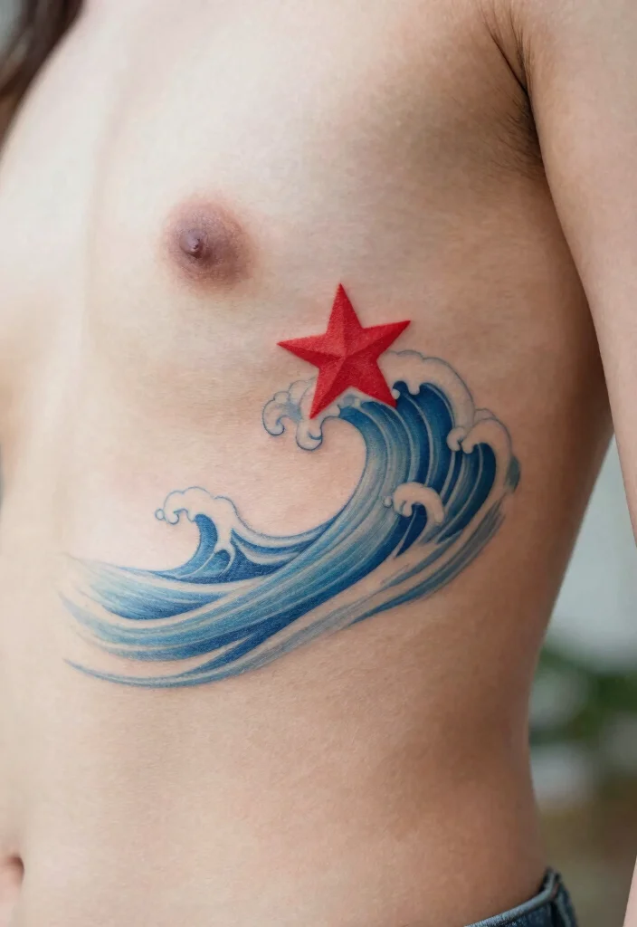 15 Red Star Tattoo Ideas That Stand Out Boldly - 14. Red Star and Waves Tattoos 1