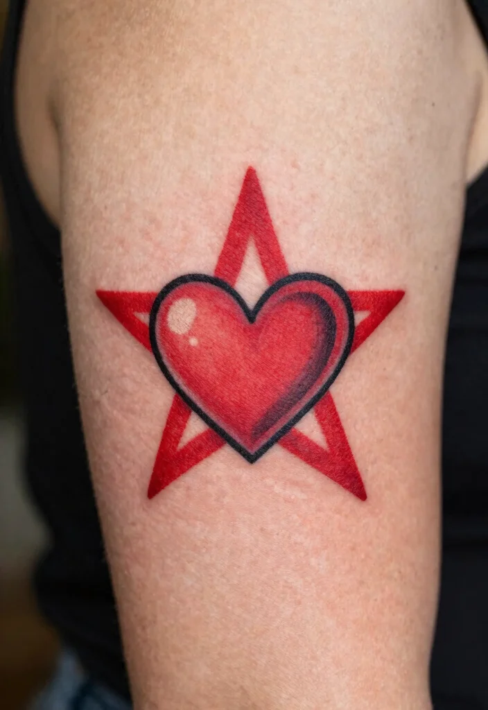 15 Red Star Tattoo Ideas That Stand Out Boldly - 15. Heart and Red Star Tattoos 1