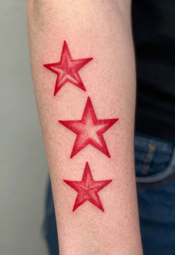 15 Red Star Tattoo Ideas That Stand Out Boldly - 5. Stacked Red Stars Tattoo 1