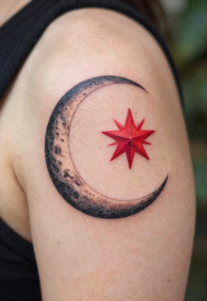 15 Red Star Tattoo Ideas That Stand Out Boldly - 7. Moon and Red Star Combos 1