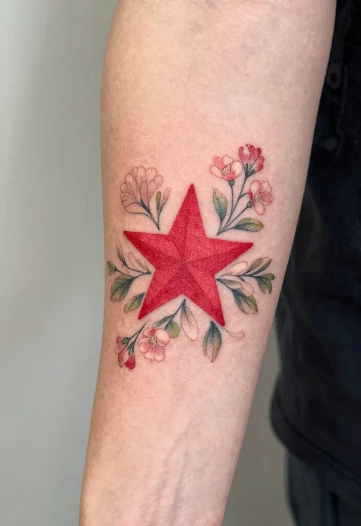 15 Red Star Tattoo Ideas That Stand Out Boldly - 8. Red Star with Floral Elements 1