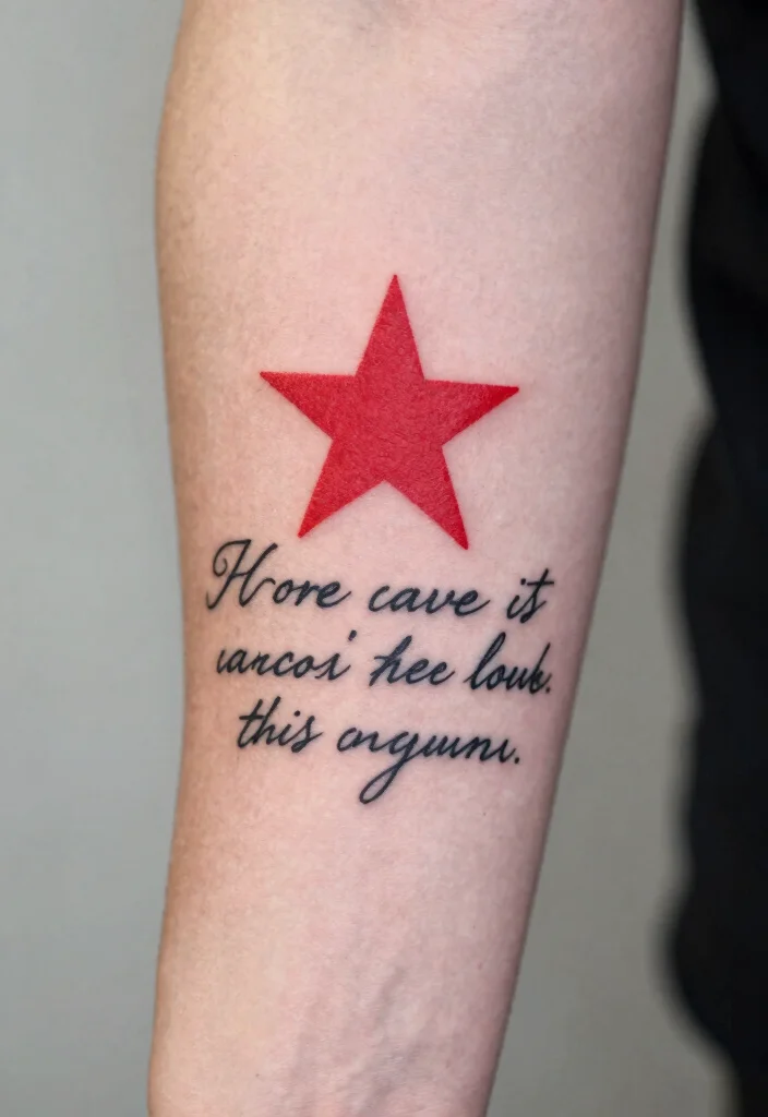 15 Red Star Tattoo Ideas That Stand Out Boldly - 9. Red Star with Quote Tattoos 1