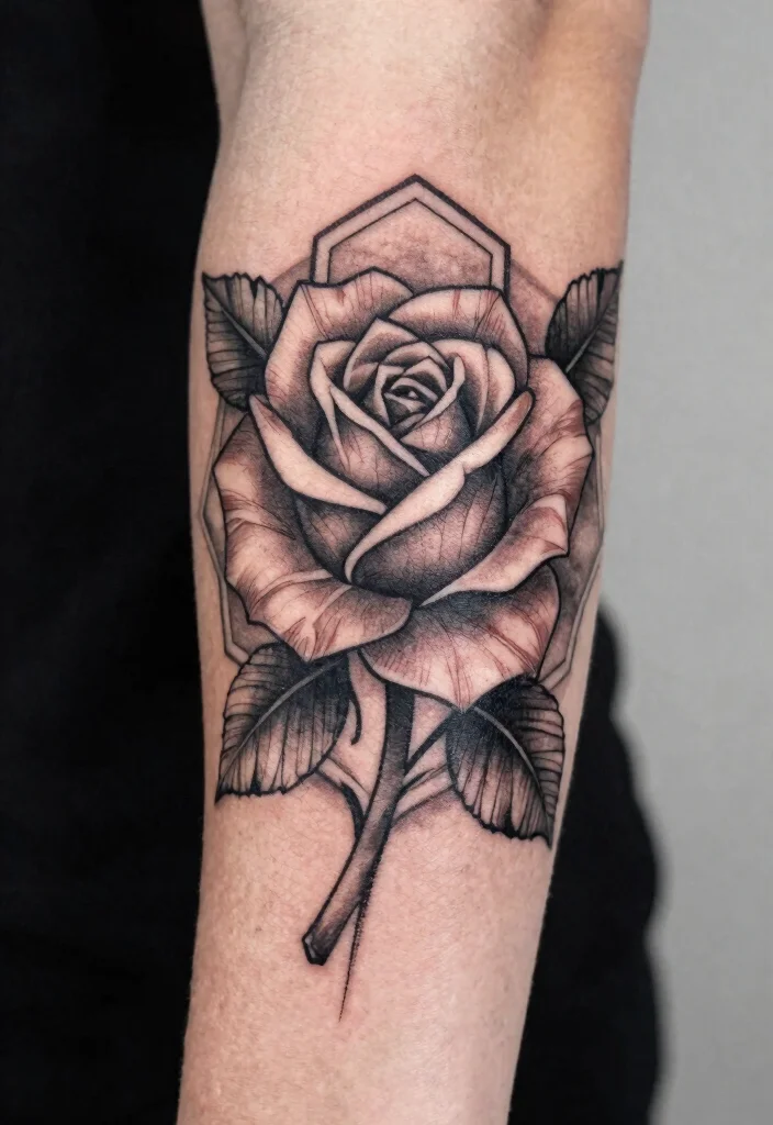15 Ruby Rose Tattoo Ideas With Elegant Bold Style 23 15 Ruby Rose Tattoo Ideas With Elegant Bold Style - 3. Geometric Harmony 1
