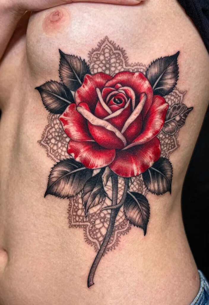 15 Ruby Rose Tattoo Ideas With Elegant Bold Style 27 15 Ruby Rose Tattoo Ideas With Elegant Bold Style - 7. Ornamental Elegance 1