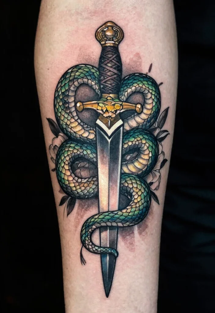 15 Snake and Dagger Tattoo Design Ideas With Bold Edge - 1. The Classic Combination 1