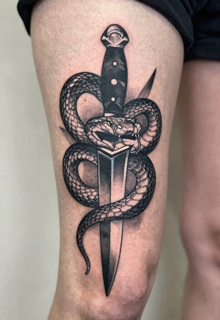 15 Snake and Dagger Tattoo Design Ideas With Bold Edge - 11. Mixing Styles 1