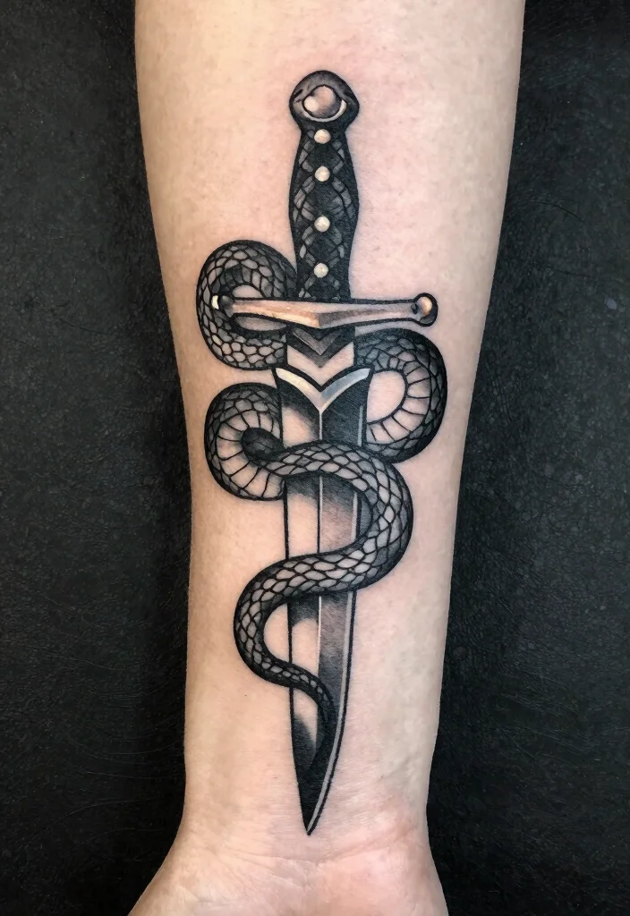 15 Snake and Dagger Tattoo Design Ideas With Bold Edge - 12. The Power of Negative Space 1