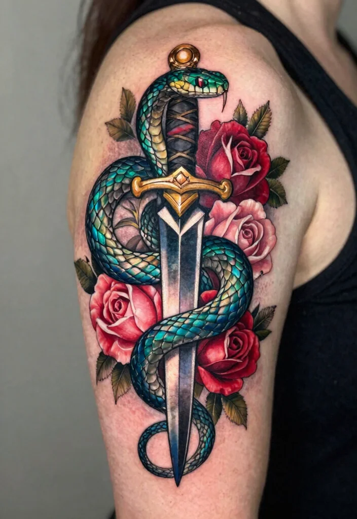 15 Snake and Dagger Tattoo Design Ideas With Bold Edge - 2. Floral Accents 1