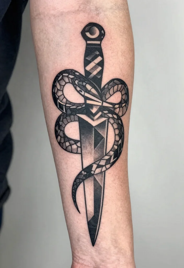 15 Snake and Dagger Tattoo Design Ideas With Bold Edge - 3. Geometric Designs 1