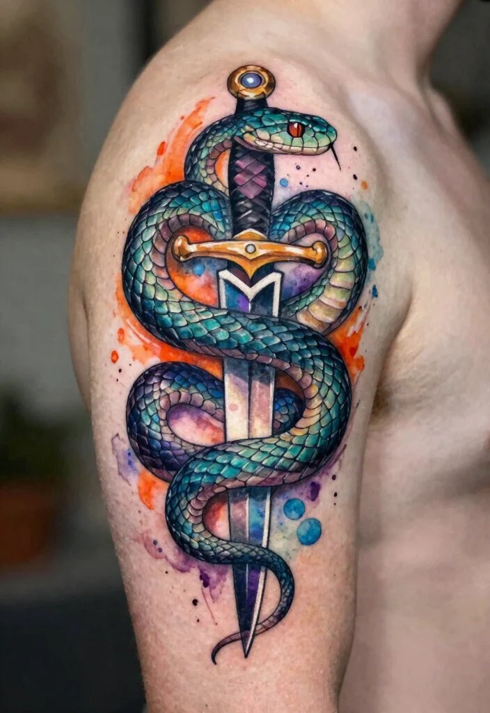 15 Snake and Dagger Tattoo Design Ideas With Bold Edge - 4. Watercolor Enhancement 1