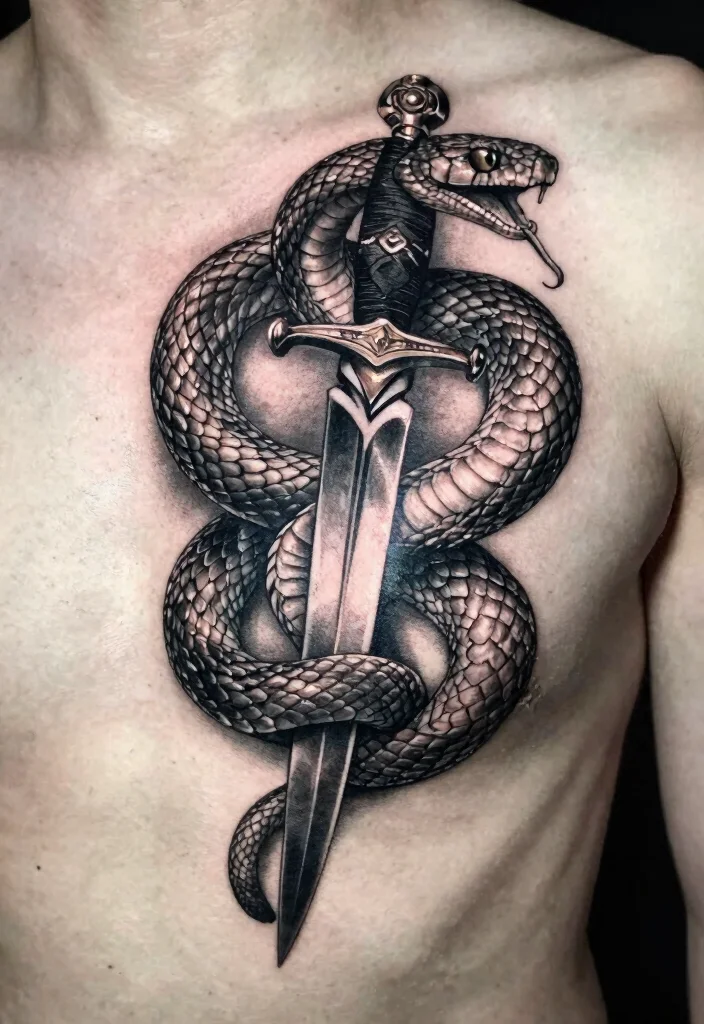 15 Snake and Dagger Tattoo Design Ideas With Bold Edge - 5. Realistic Snake and Dagger 1