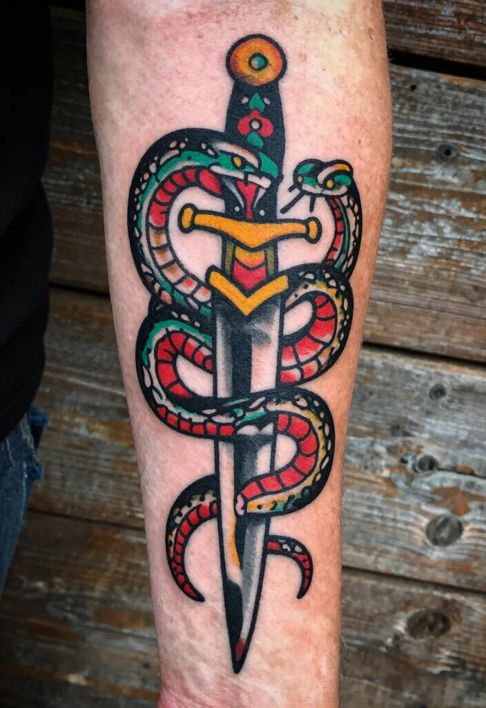 15 Snake and Dagger Tattoo Design Ideas With Bold Edge - 6. Traditional American Style 1