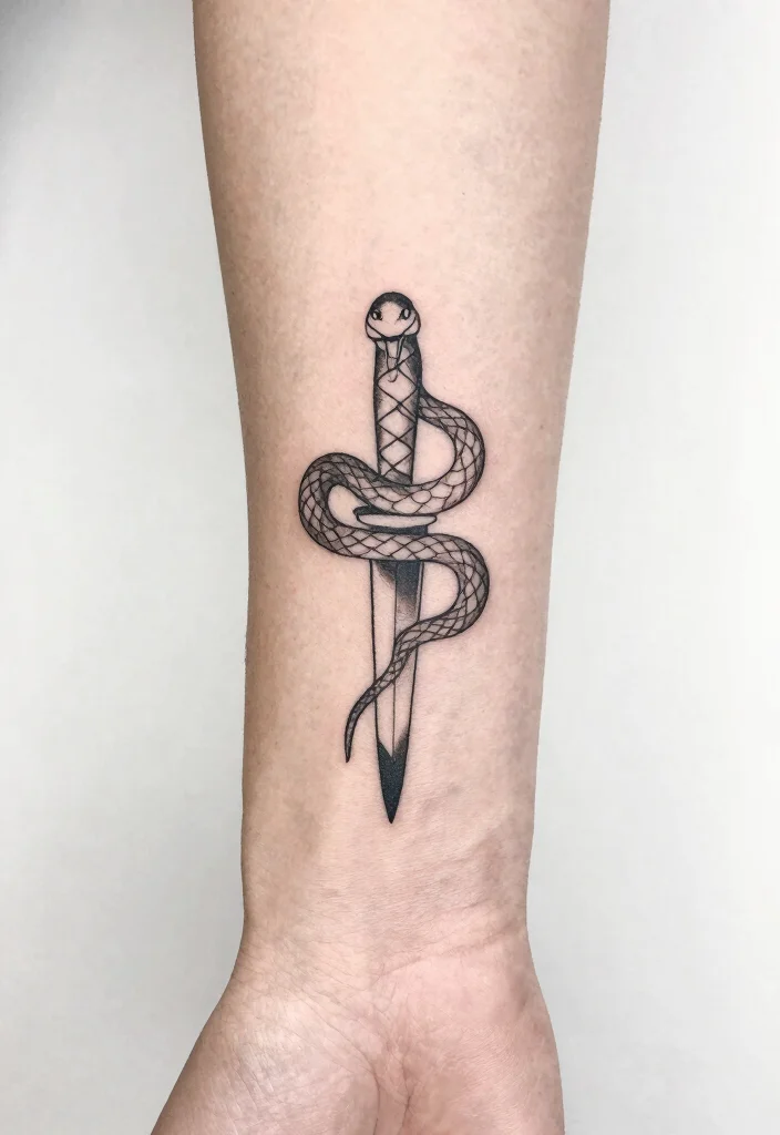 15 Snake and Dagger Tattoo Design Ideas With Bold Edge - 7. Minimalist Interpretation 1