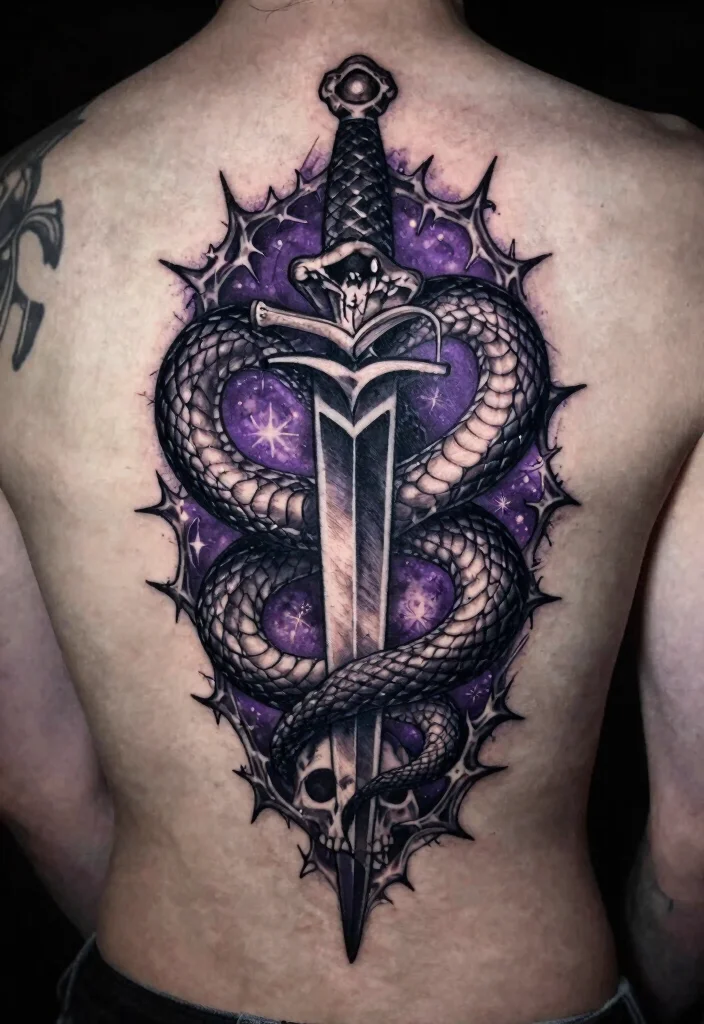 15 Snake and Dagger Tattoo Design Ideas With Bold Edge - 8. Dark Gothic Aesthetic 1