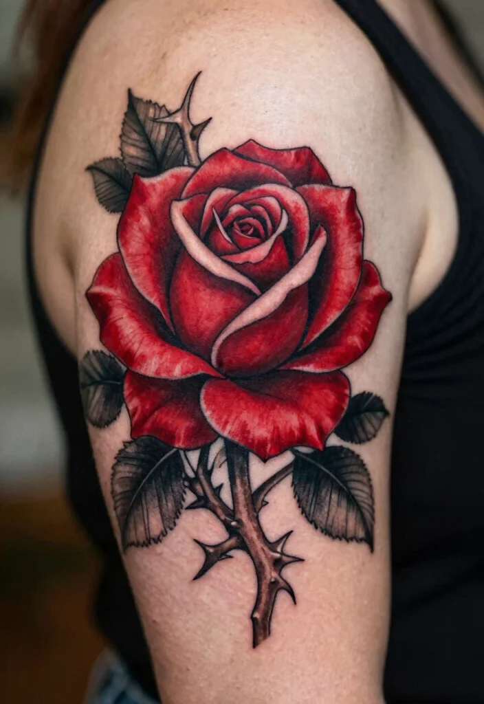 16 American Traditional Rose Tattoo Ideas With Classic Style - 1. Bold Red Rose with Thorns 1