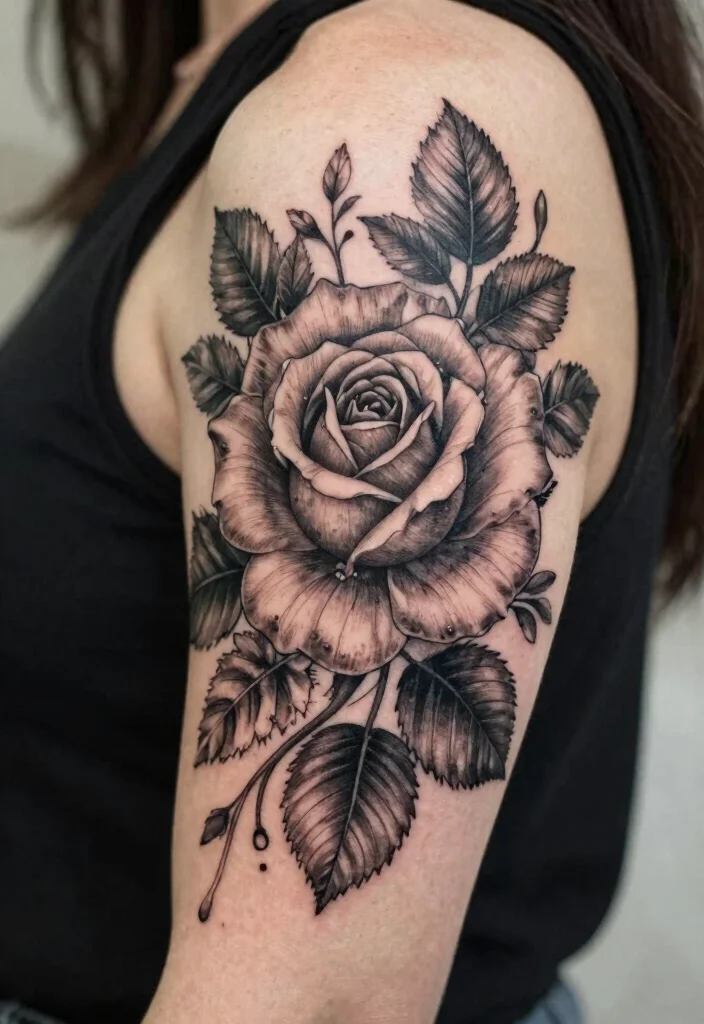 16 American Traditional Rose Tattoo Ideas With Classic Style - 10. Rose with Leaves and Vines 1