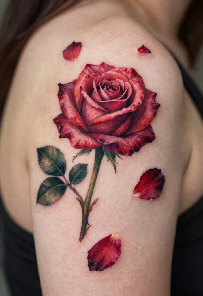16 American Traditional Rose Tattoo Ideas With Classic Style - 11. Single Rose with Petals Falling 1