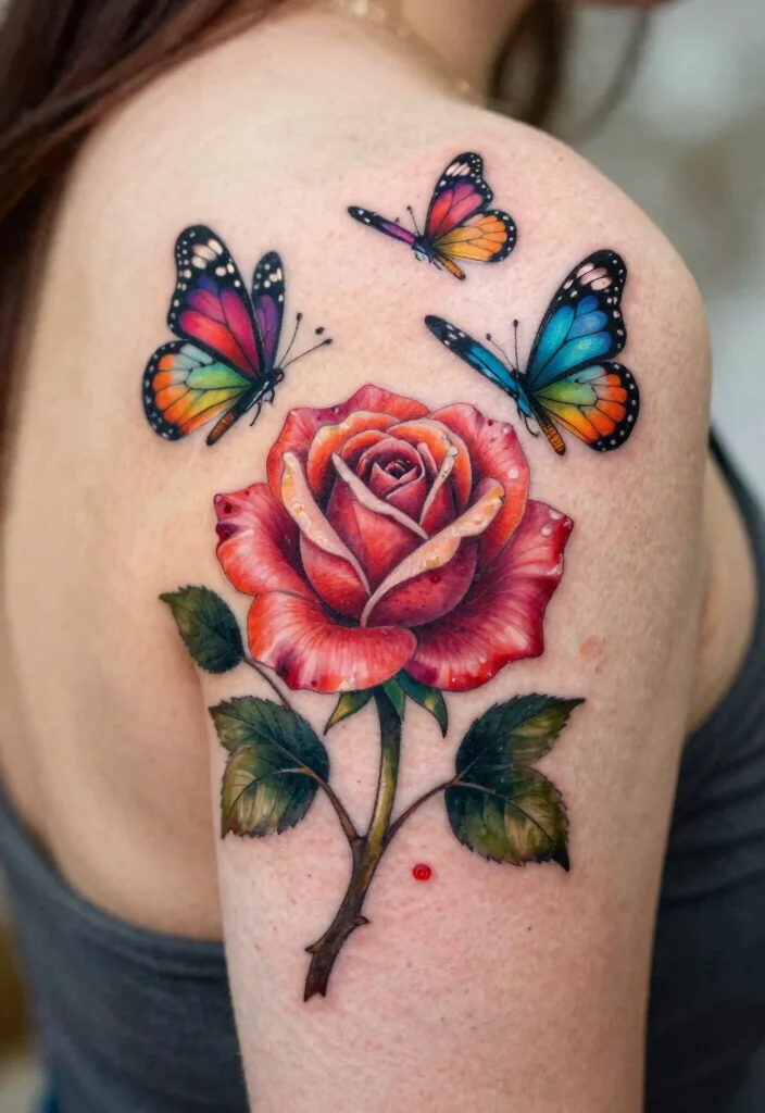 16 American Traditional Rose Tattoo Ideas With Classic Style - 13. Rose with Butterflies 1