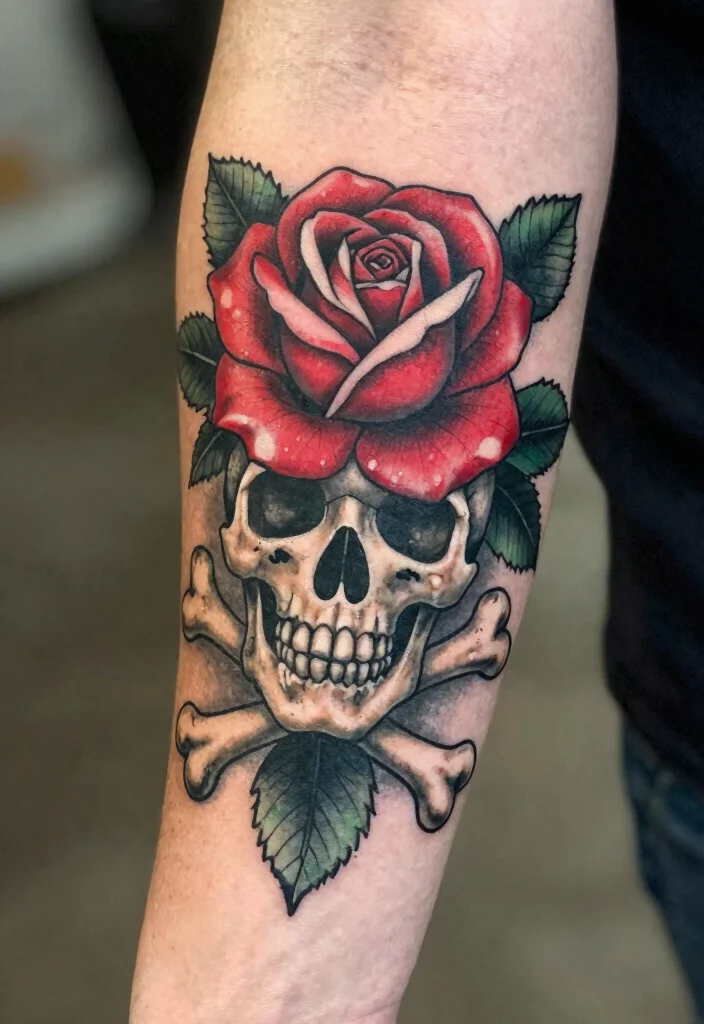 16 American Traditional Rose Tattoo Ideas With Classic Style - 14. Rose with a Skull and Crossbones 1