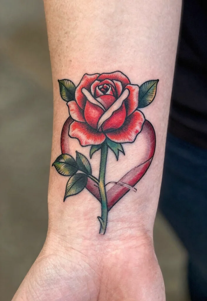 16 American Traditional Rose Tattoo Ideas With Classic Style - 15. Rose with a Heart 1