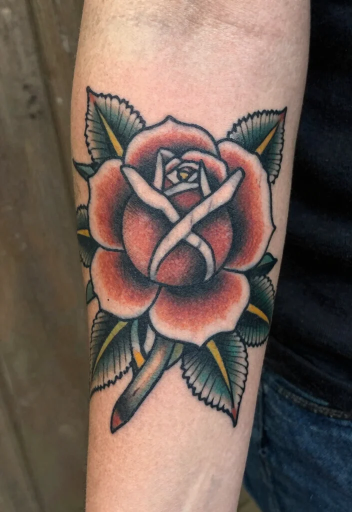 16 American Traditional Rose Tattoo Ideas With Classic Style - 3. Traditional American Rose in Vintage Colors 1