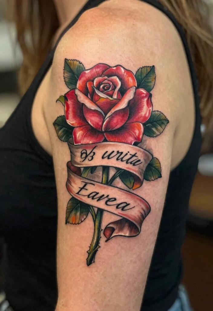 16 American Traditional Rose Tattoo Ideas With Classic Style - 4. Rose with a Banner 1
