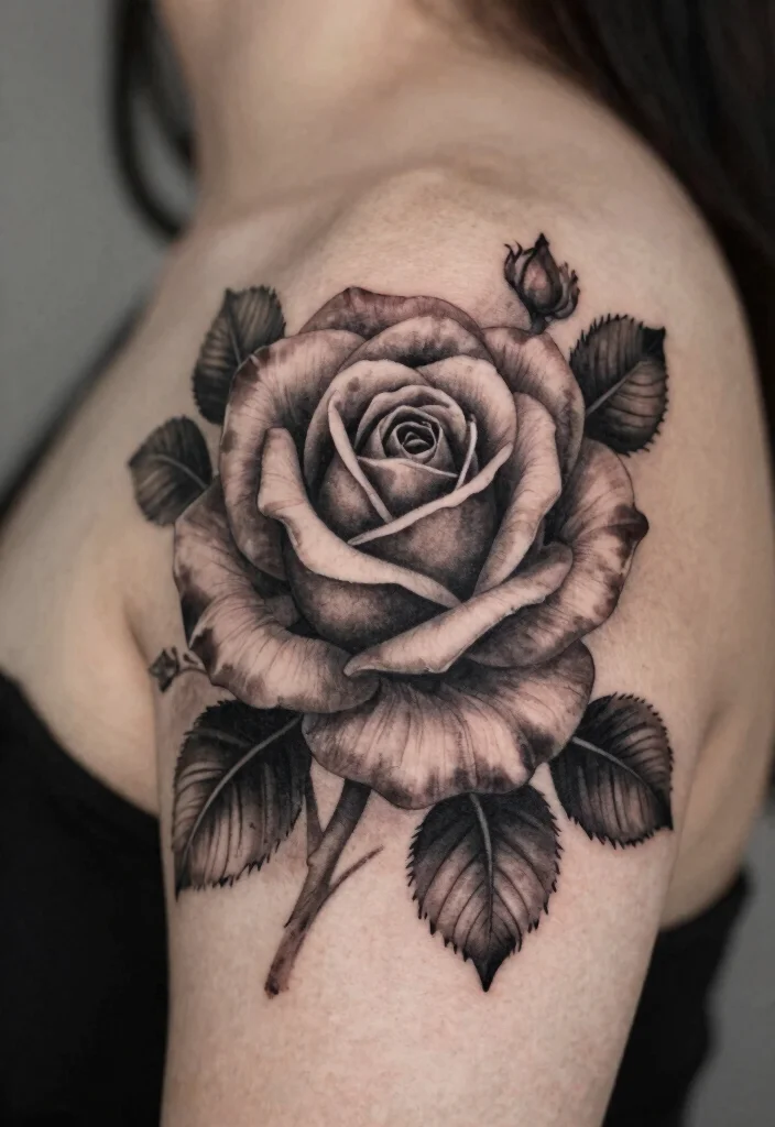 16 American Traditional Rose Tattoo Ideas With Classic Style - 5. Black and Gray Rose Tattoo 1