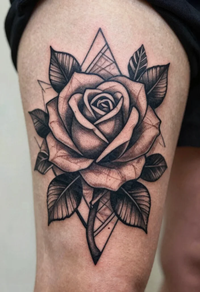 16 American Traditional Rose Tattoo Ideas With Classic Style - 7. Geometric Rose Tattoo 1