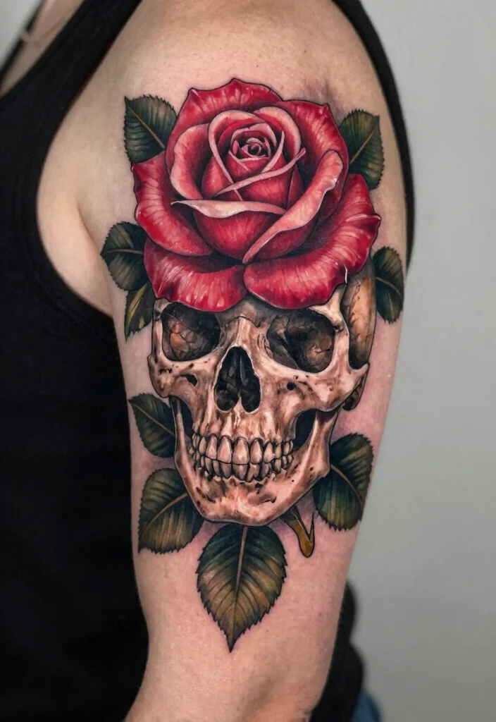 16 American Traditional Rose Tattoo Ideas With Classic Style - 9. Skull and Rose Combination 1