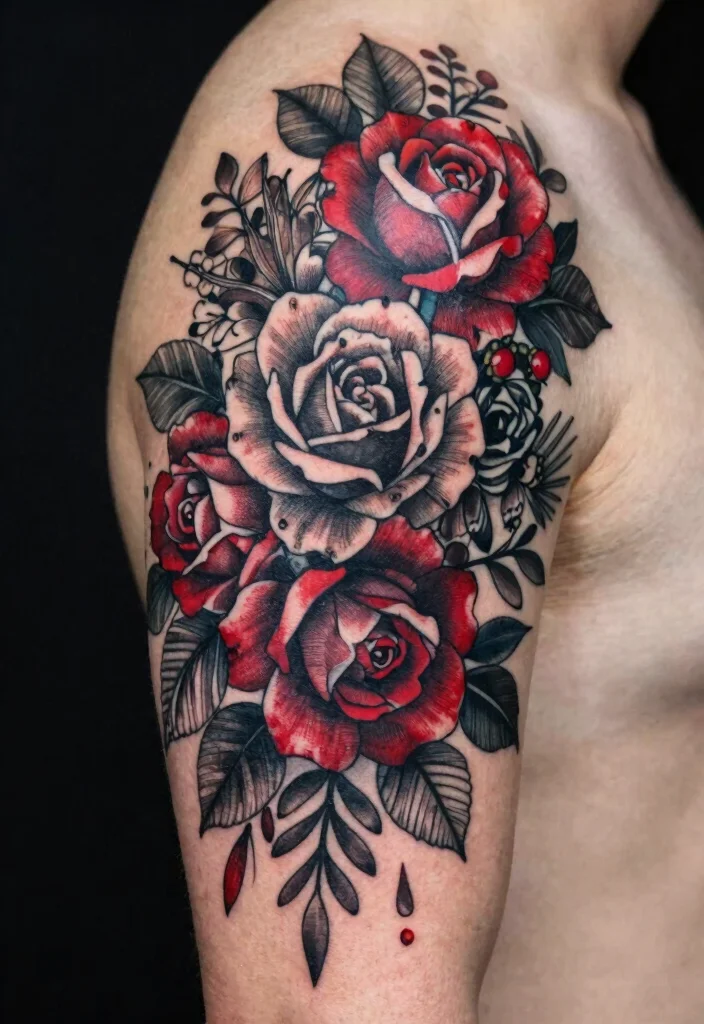 16 Black and Red Rose Tattoo Ideas With Bold Contrast - 11. Floral Cascade of Black and Red Roses 1