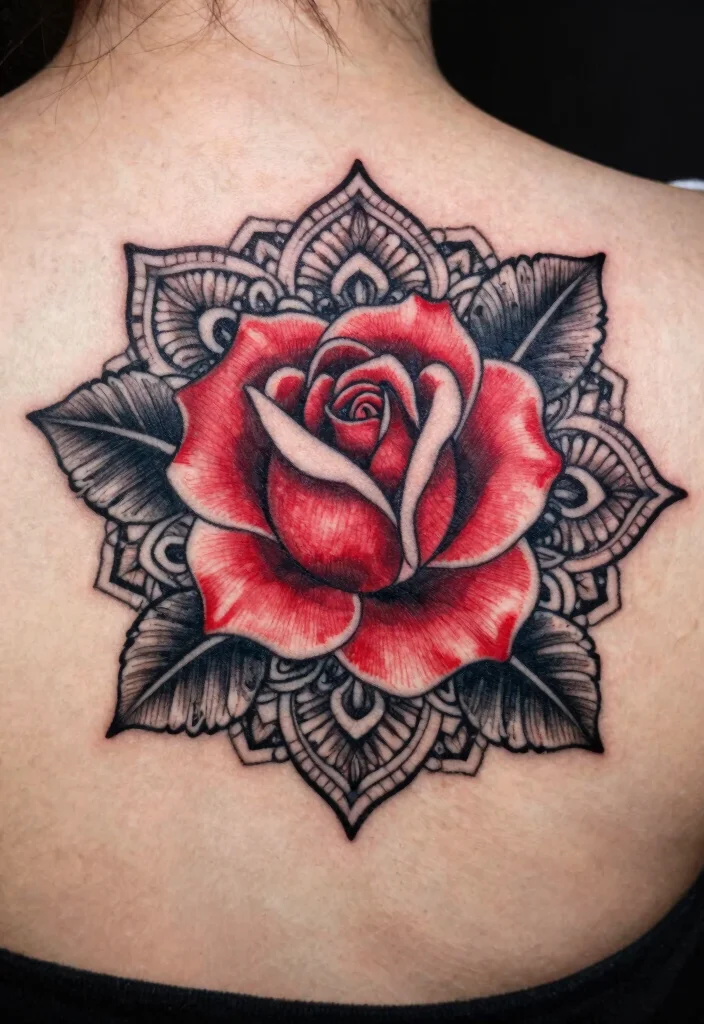 16 Black and Red Rose Tattoo Ideas With Bold Contrast - 12. Black and Red Rose Mandala 1
