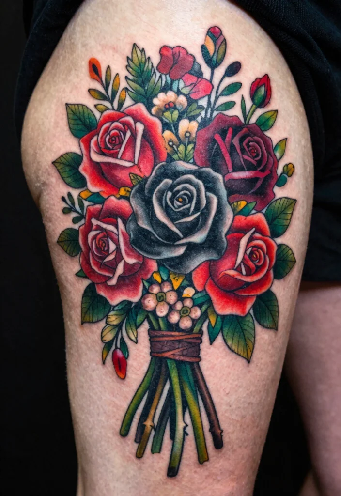 16 Black and Red Rose Tattoo Ideas With Bold Contrast - 14. Black and Red Rose Bouquet 1