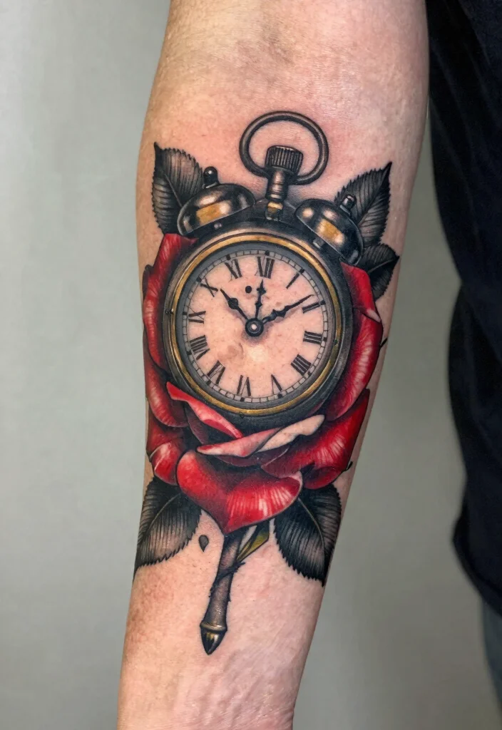 16 Black and Red Rose Tattoo Ideas With Bold Contrast - 15. Black and Red Rose and Clock 1