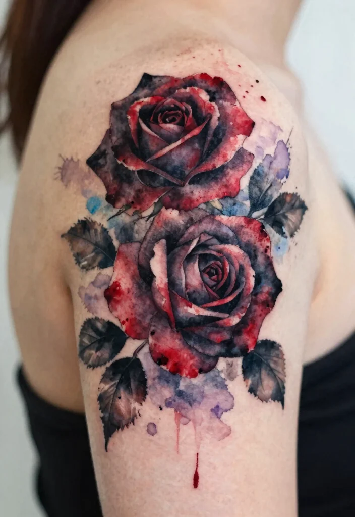 16 Black and Red Rose Tattoo Ideas With Bold Contrast - 2. Watercolor Black and Red Roses 1