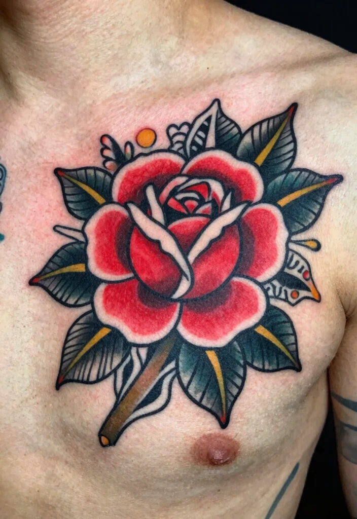 16 Black and Red Rose Tattoo Ideas With Bold Contrast - 3. Neo-Traditional Rose 1