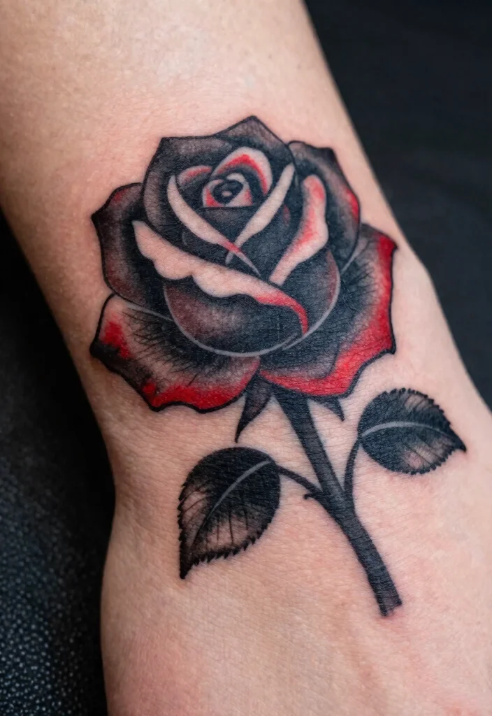 16 Black and Red Rose Tattoo Ideas With Bold Contrast - 4. Black Rose with Red Highlights 1