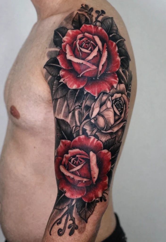 16 Black and Red Rose Tattoo Ideas With Bold Contrast - 5. Large Black and Red Full-Sleeve 1
