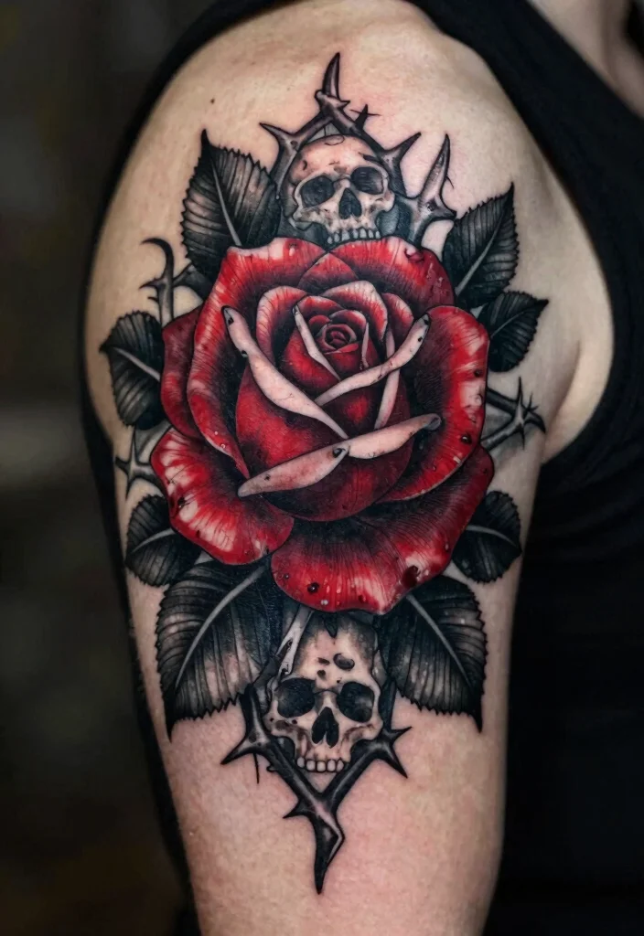 16 Black and Red Rose Tattoo Ideas With Bold Contrast - 7. Gothic Black and Red Rose 1