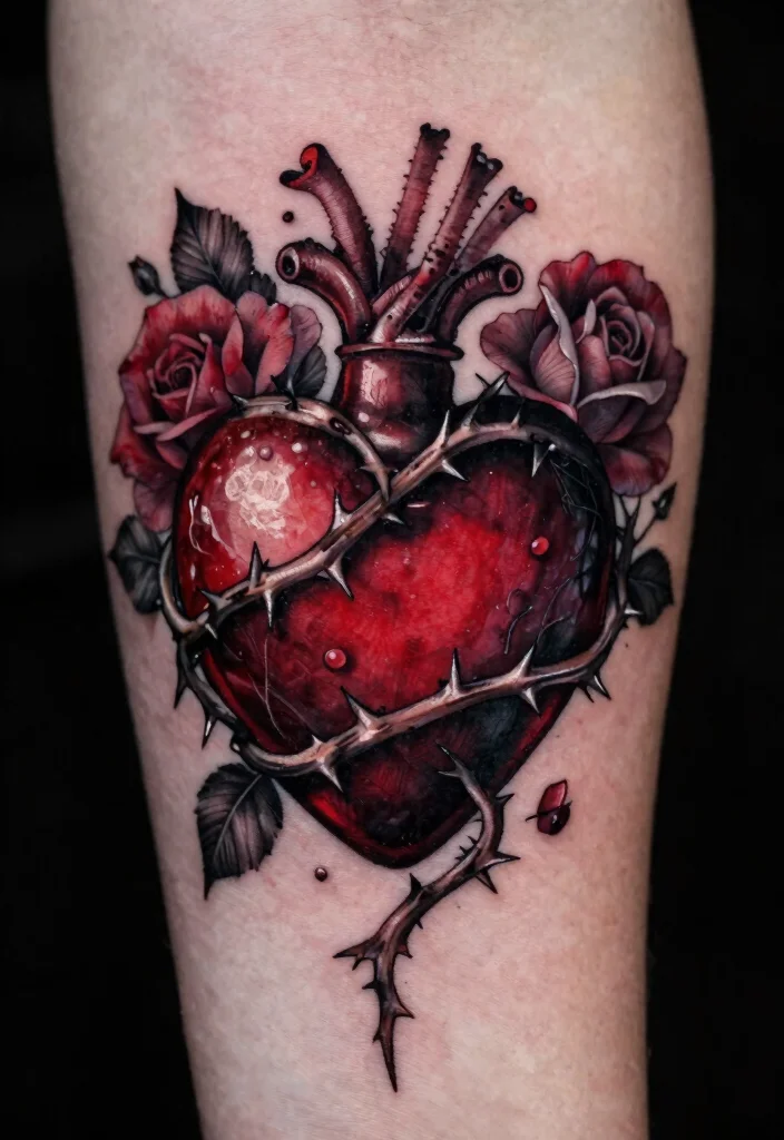 16 Dark Heart Tattoo Ideas With Moody Aesthetic - 1. Thorns and Roses Embrace 1