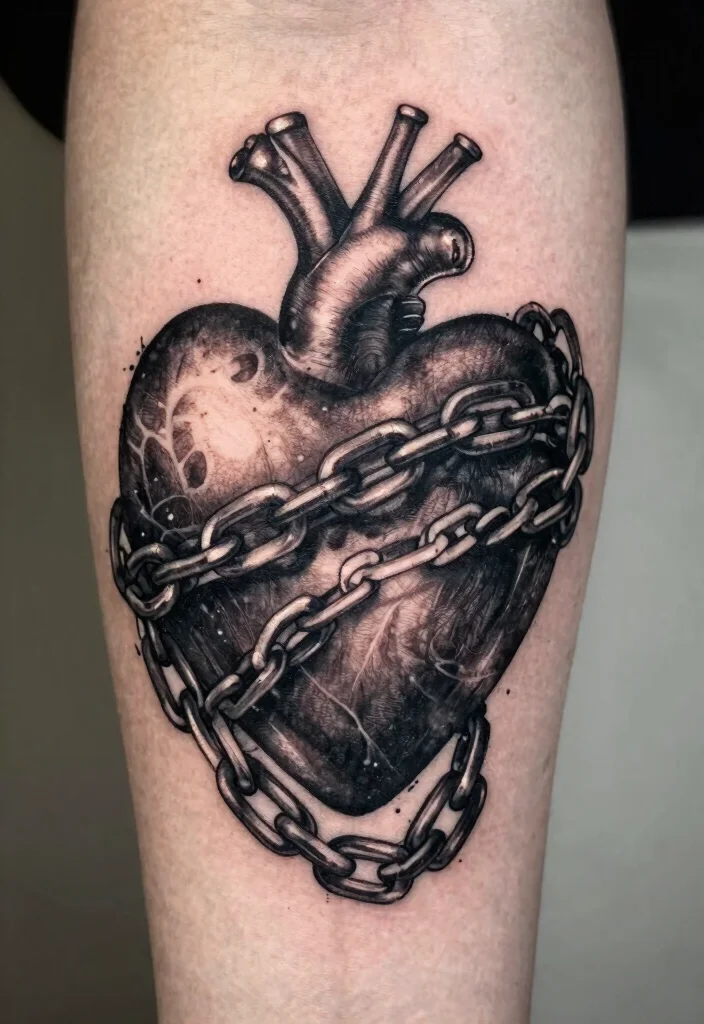 16 Dark Heart Tattoo Ideas With Moody Aesthetic - 11. Dark Heart with Chains 1
