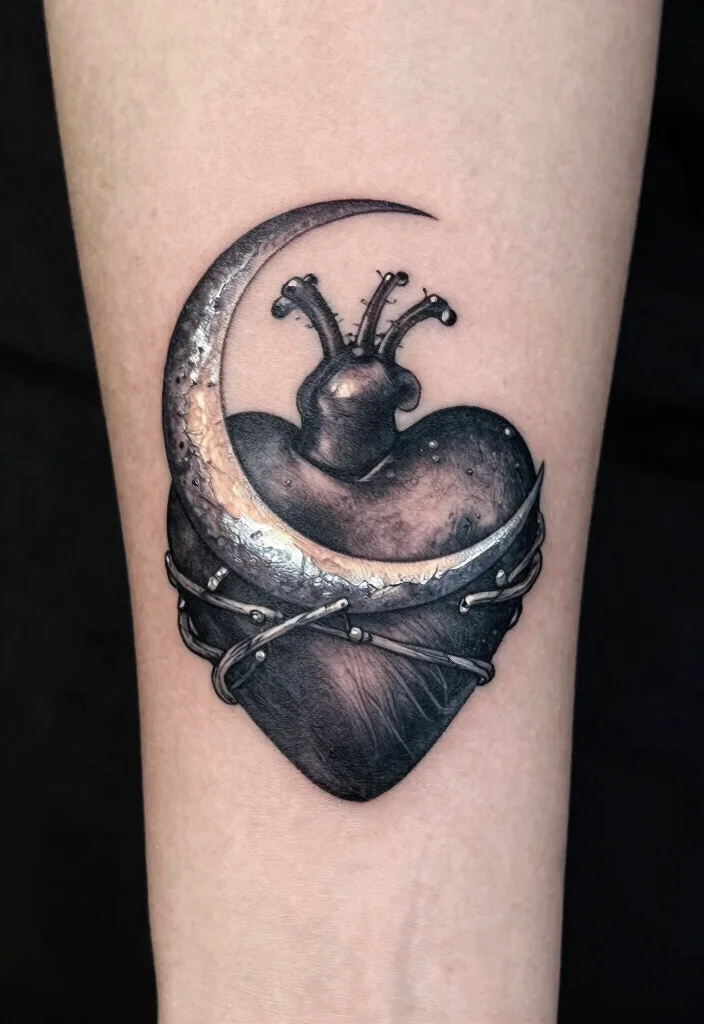 16 Dark Heart Tattoo Ideas With Moody Aesthetic - 13. Heart with a Crescent Moon 1