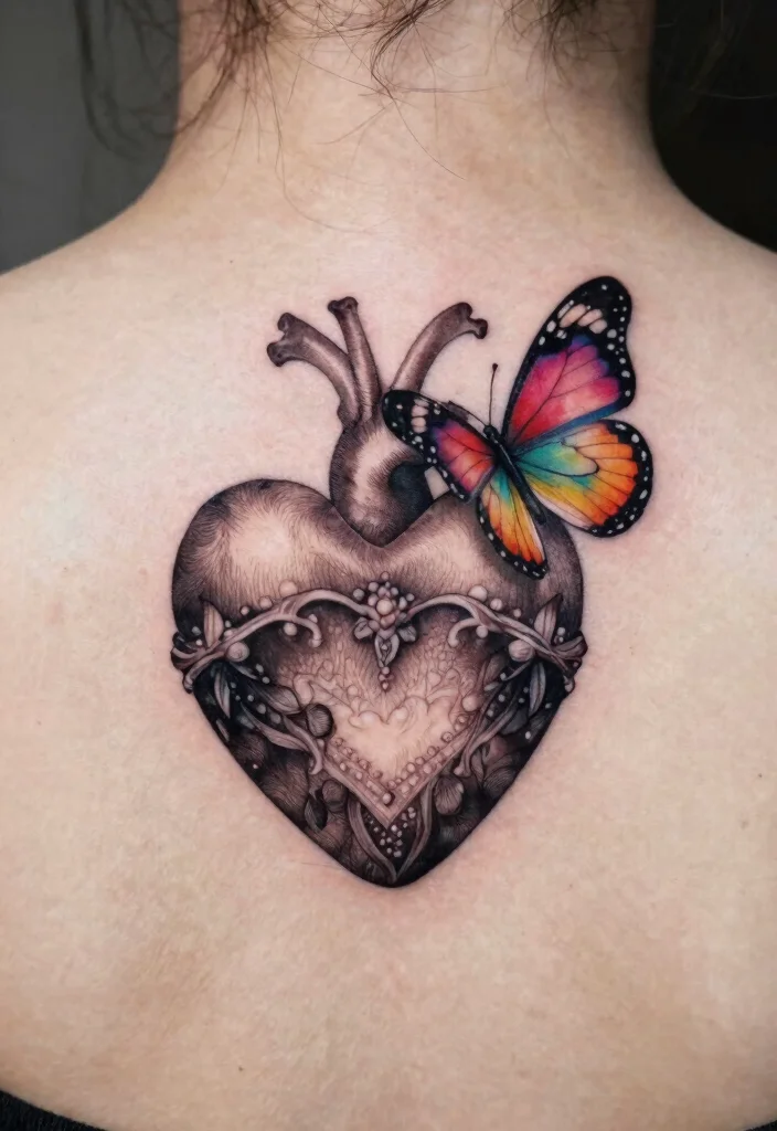 16 Dark Heart Tattoo Ideas With Moody Aesthetic - 16. Heart with a Butterfly 1