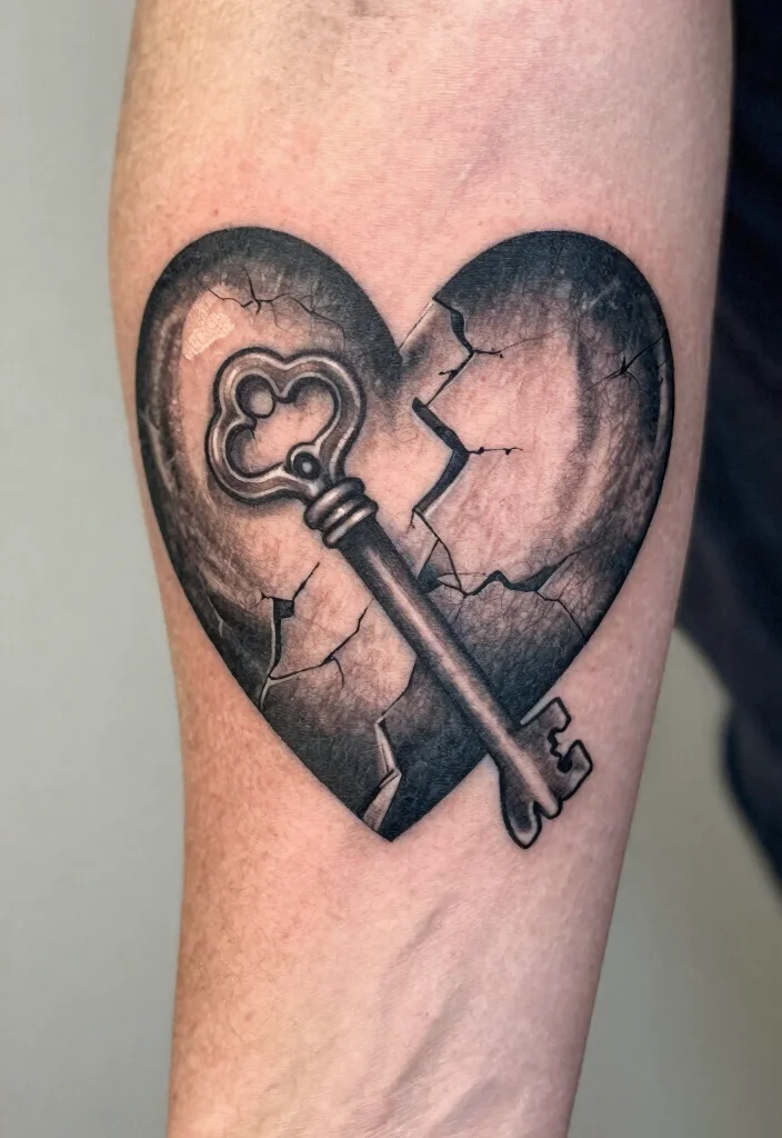16 Dark Heart Tattoo Ideas With Moody Aesthetic - 2. Broken Heart with a Key 1