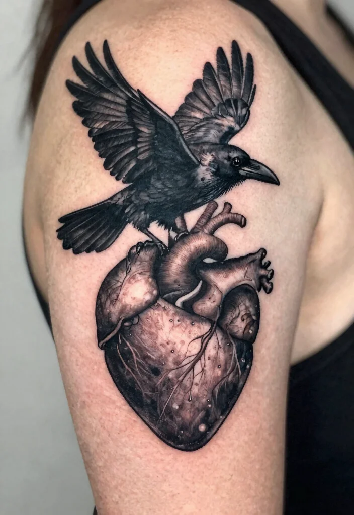 16 Dark Heart Tattoo Ideas With Moody Aesthetic - 7. Heart with a Raven 1