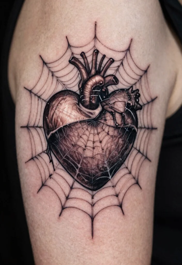 16 Dark Heart Tattoo Ideas With Moody Aesthetic - 8. Heart in a Web 1