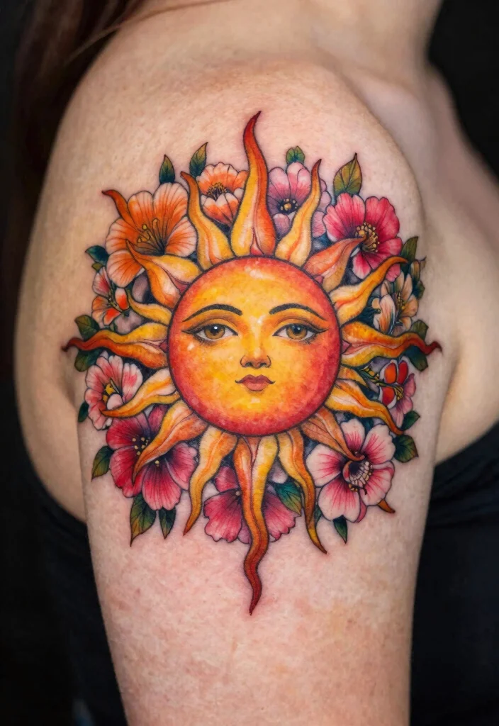 16 Filipino Sun Tattoo Women Ideas With Cultural Pride - 5. Floral Sun: Nature's Embrace 1