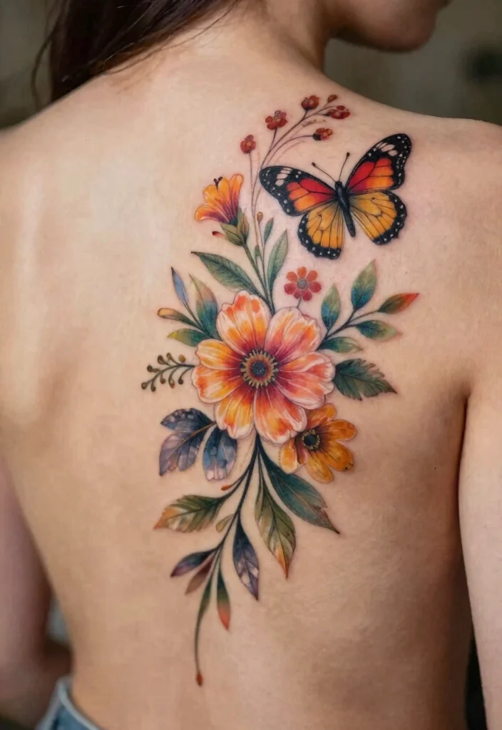 16 Flower Tattoo on Back Ideas With Elegant Flow - 13. Flora and Fauna Combo 1