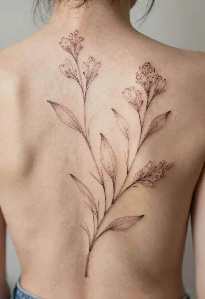 16 Flower Tattoo on Back Ideas With Elegant Flow - 14. Botanical Line Art 1